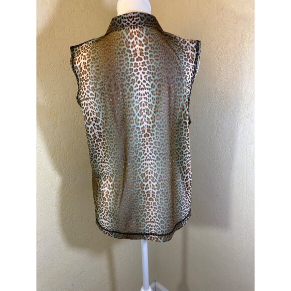 Leopard Print Sleeveless Zip-Up Mesh Blouse W/ Embroidered Cats - Picture 4 of 7